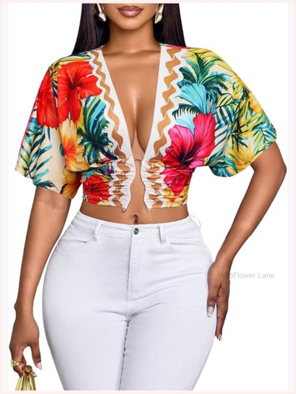Boho printed deep V-neck short sleeve crop blouse